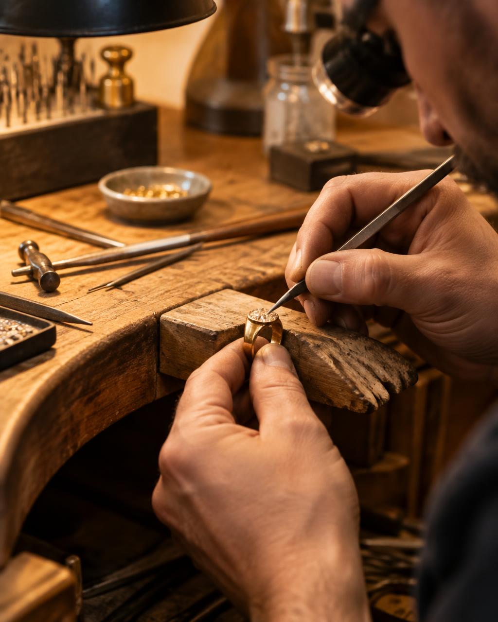 Goldsmith's hands crafting a ring at the workbench