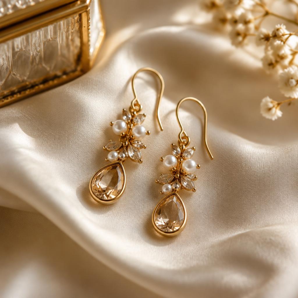 Gold drop earrings with pearls