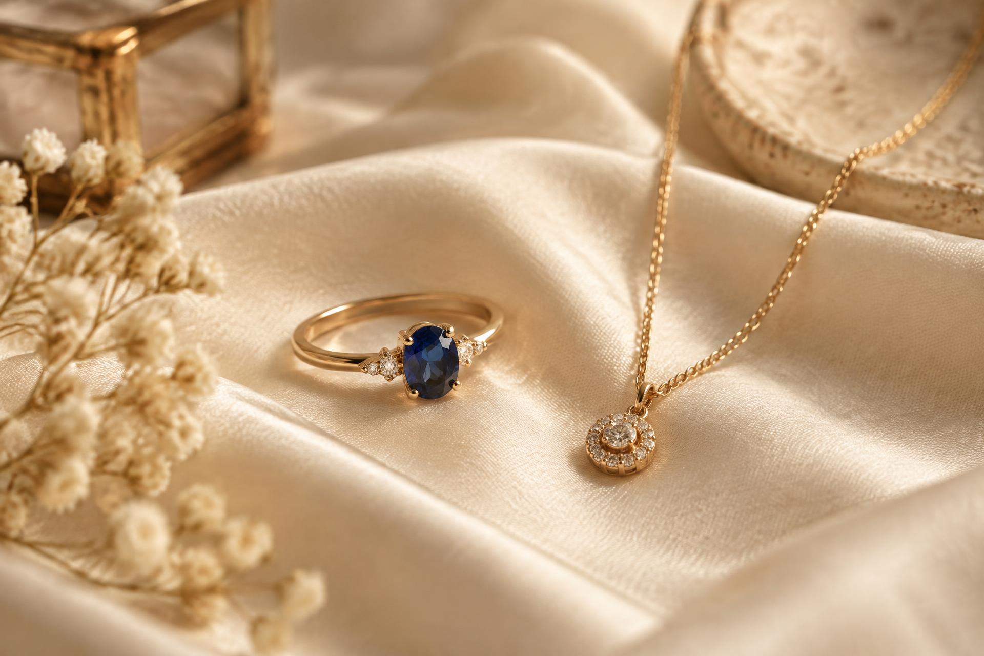 Handcrafted gold ring with sapphire and gold necklace on ivory silk