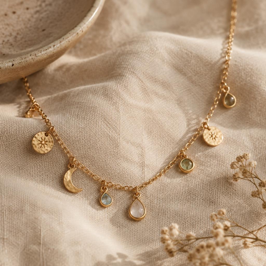 Gold charm necklace with gemstone pendants